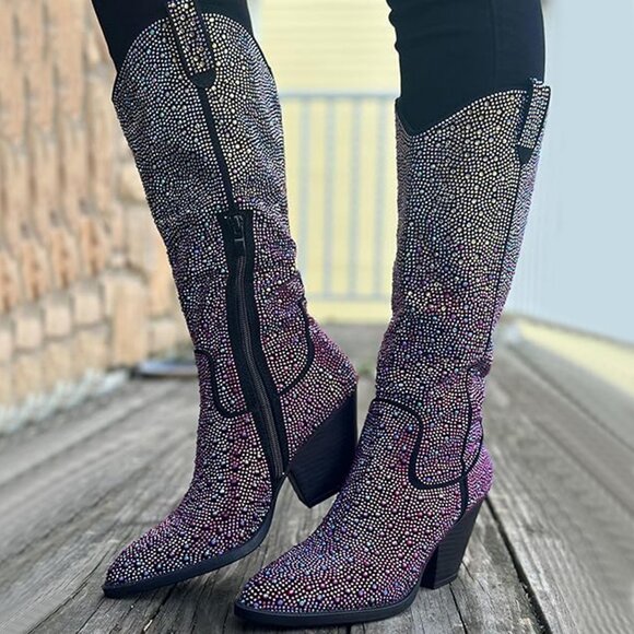 NEW Purple Multi Rhinestone Crystal Western Cowgirl Boot Mid-Calf Block Heel Zip - Picture 1 of 9